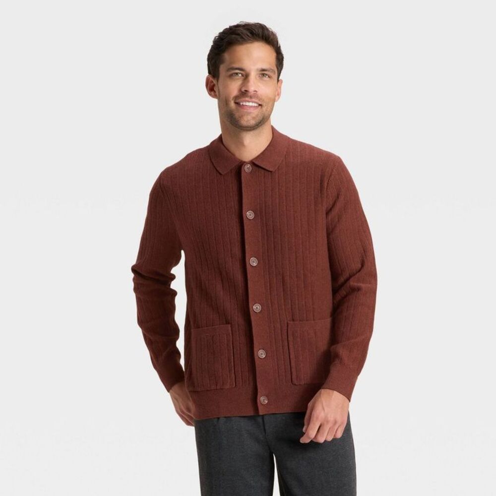 Men's Collared Cardigan Sweater - Goodfellow & Co Brown L